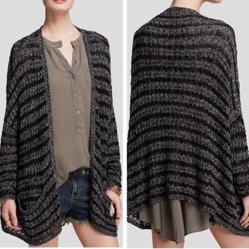 Free People Open Front knit Cardigan Pockets Boho Hipster Gray Black Striped